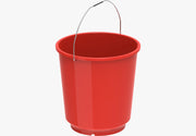 ROUND PLASTIC BUCKET WITH METAL HANDLE.