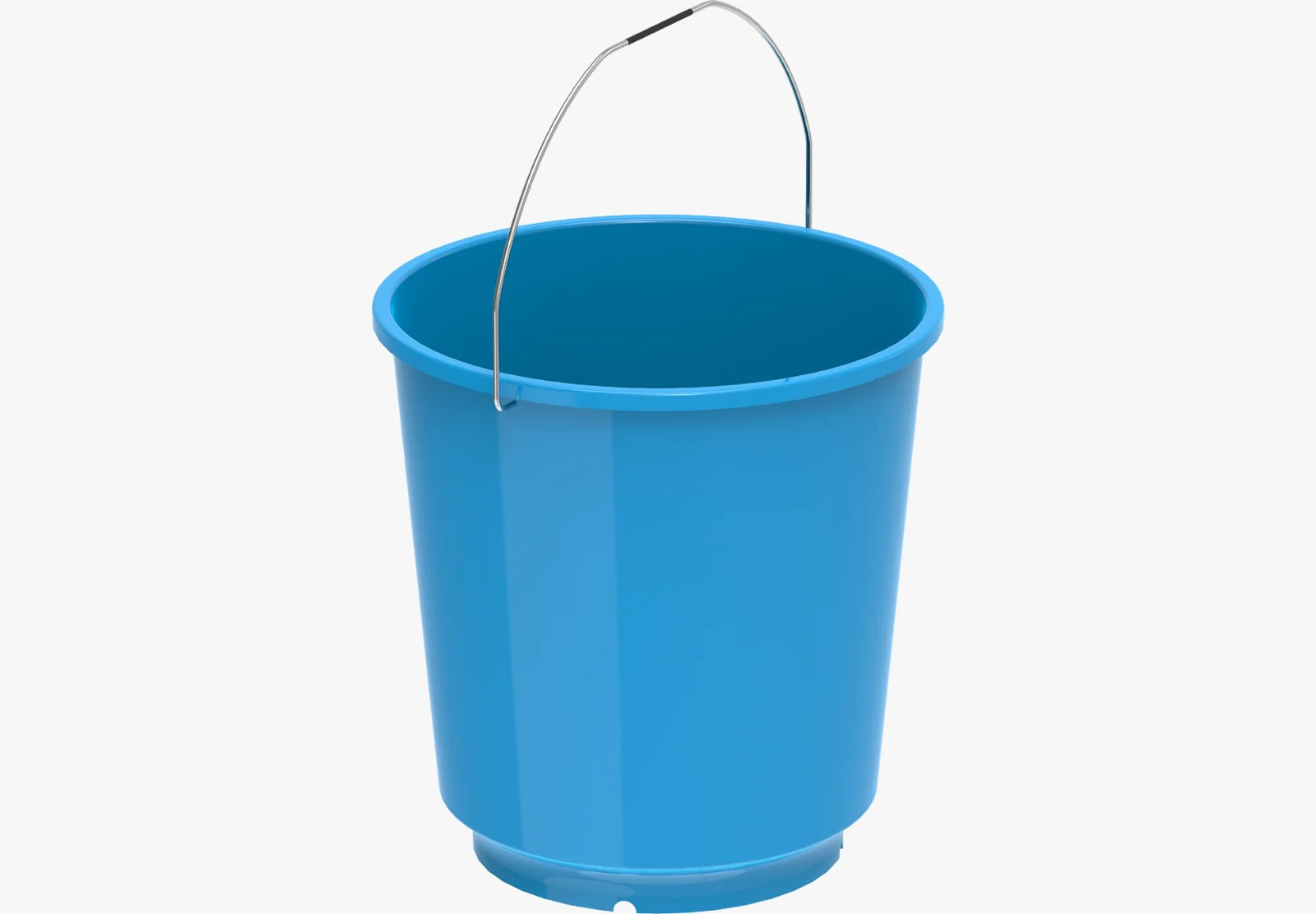 ROUND PLASTIC BUCKET WITH METAL HANDLE.